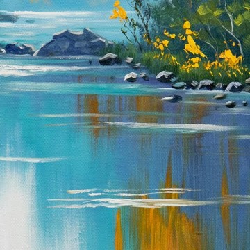 150の主題の芸術作品 Painting - 川の風景 緑の山の風景 黄色の花の詳細